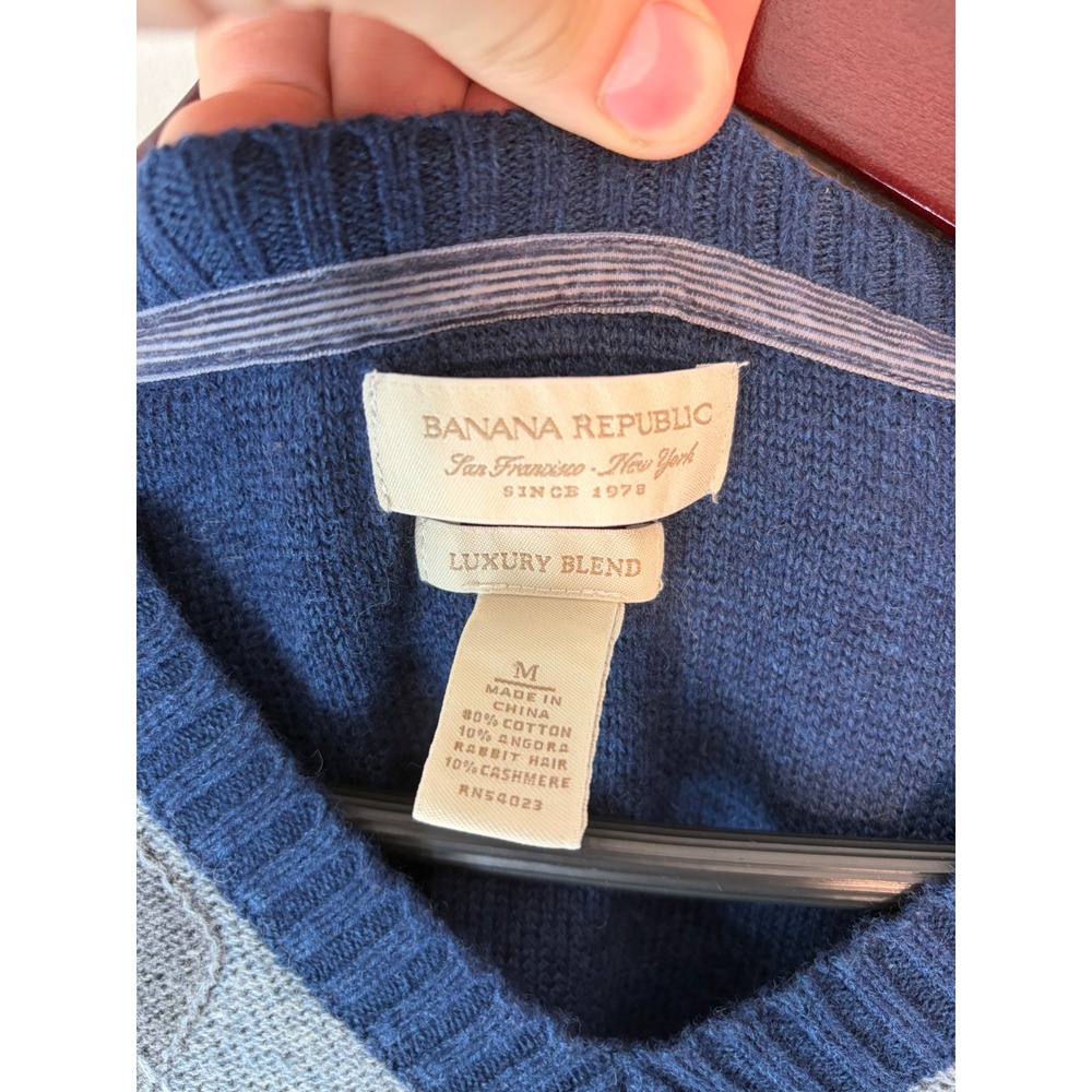 Banana Republic Luxury Blend Argyle V-Neck Sweater Blue Cotton Angora Cashmere M
